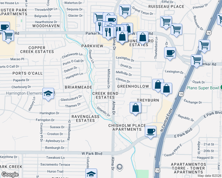 map of restaurants, bars, coffee shops, grocery stores, and more near 1109 Creekfield Drive in Plano