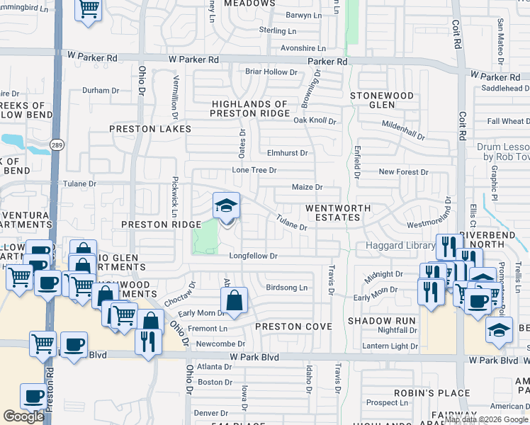map of restaurants, bars, coffee shops, grocery stores, and more near 4436 Cityview Drive in Plano