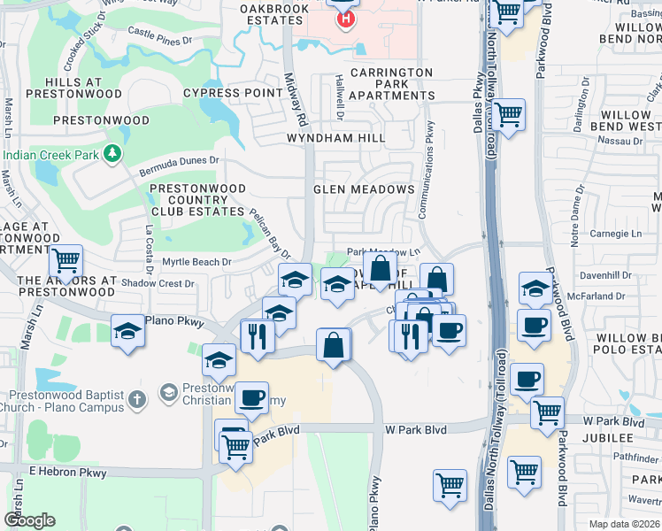 map of restaurants, bars, coffee shops, grocery stores, and more near 6300 Park Meadow Lane in Plano