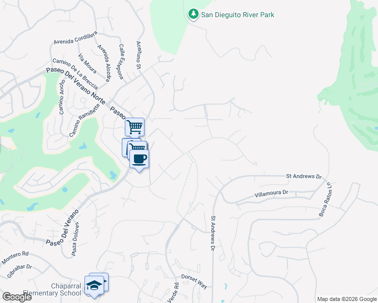 map of restaurants, bars, coffee shops, grocery stores, and more near Old Winery Road in Poway