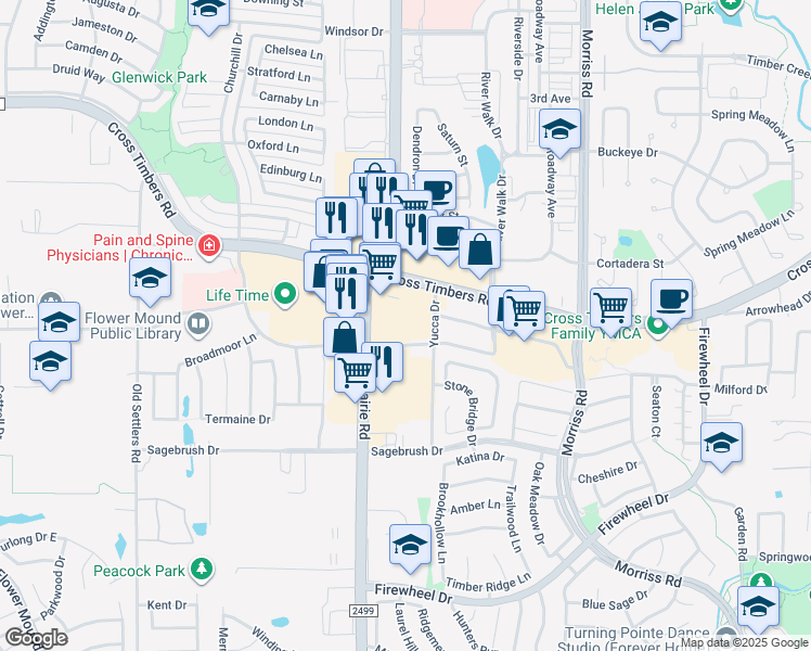 map of restaurants, bars, coffee shops, grocery stores, and more near 3624 Long Prairie Road in Flower Mound