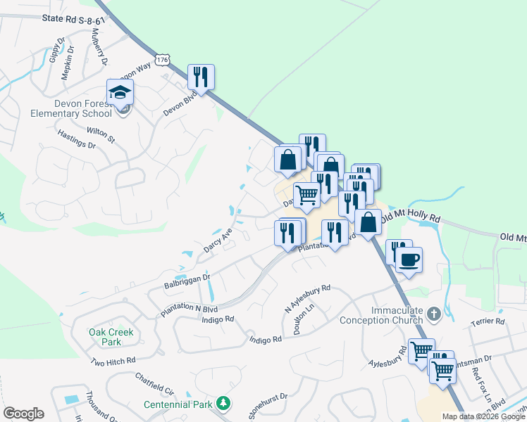 map of restaurants, bars, coffee shops, grocery stores, and more near 126 Brockman Way in Goose Creek