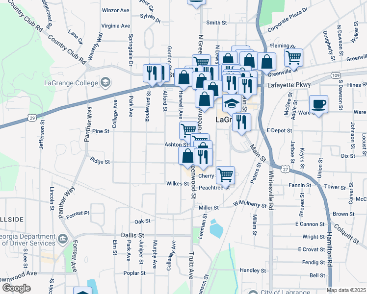 map of restaurants, bars, coffee shops, grocery stores, and more near 401 Harwell Avenue in LaGrange
