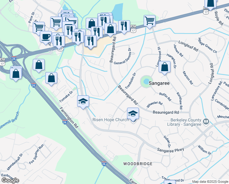 map of restaurants, bars, coffee shops, grocery stores, and more near 104 Toutant Court in Summerville