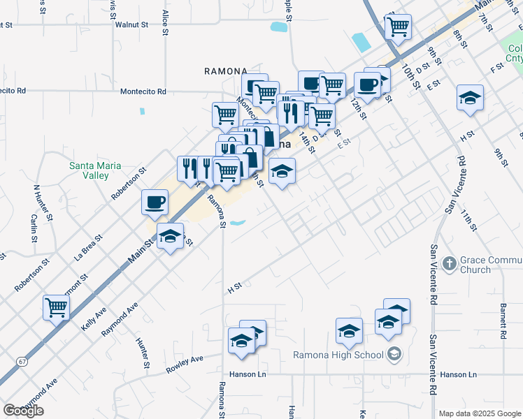 map of restaurants, bars, coffee shops, grocery stores, and more near 523 16th Street in Ramona