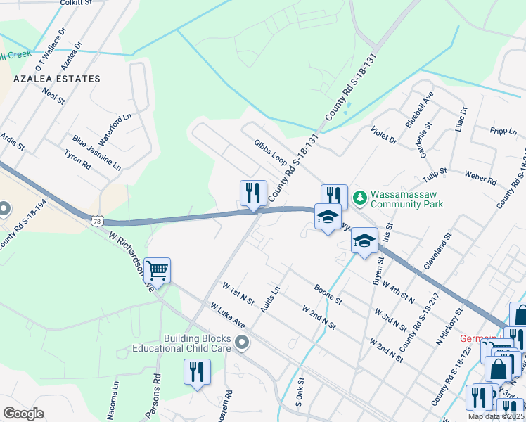 map of restaurants, bars, coffee shops, grocery stores, and more near U.S. 78 & N Maple St in Summerville