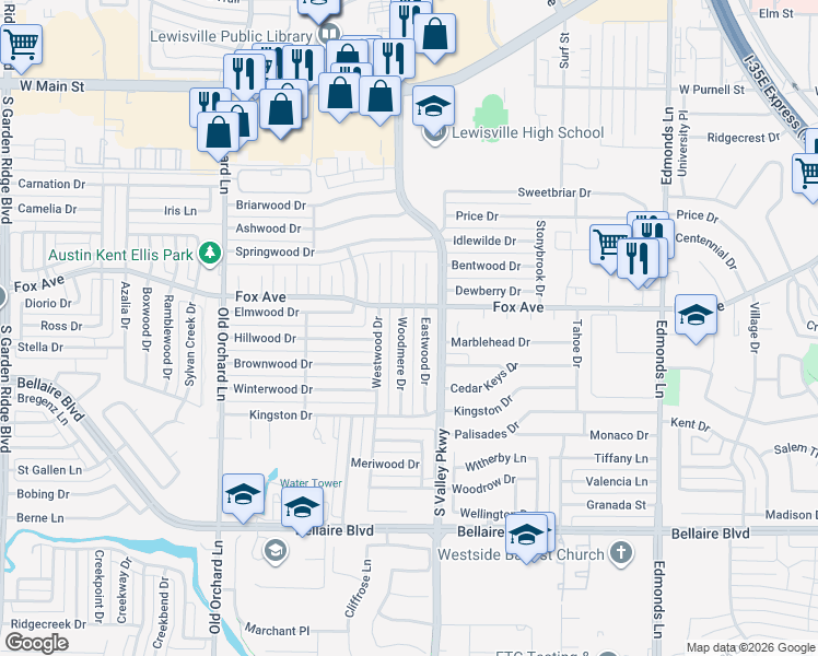 map of restaurants, bars, coffee shops, grocery stores, and more near 1014 Eastwood Drive in Lewisville