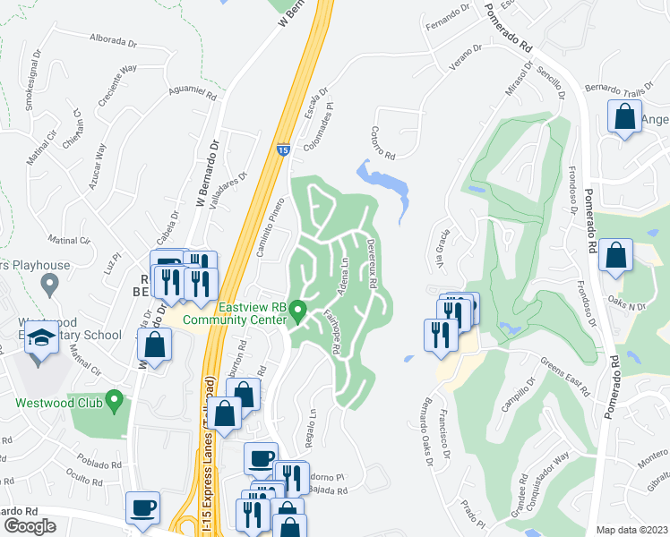 map of restaurants, bars, coffee shops, grocery stores, and more near 17635 Rienzi Place in San Diego