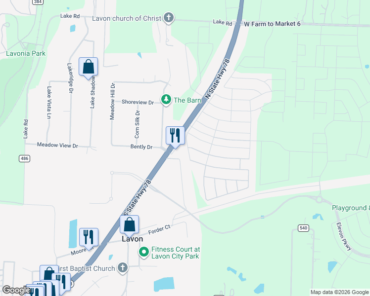 map of restaurants, bars, coffee shops, grocery stores, and more near 125 Coyote Creek Drive in Lavon