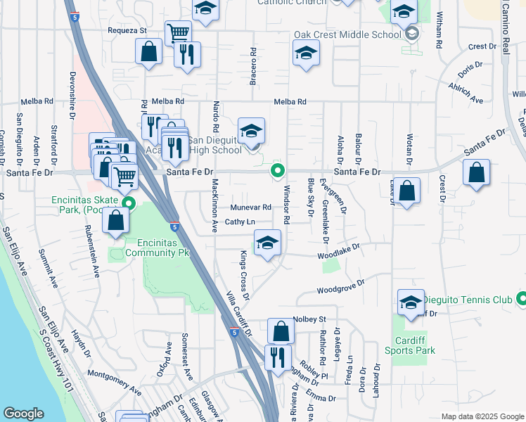 map of restaurants, bars, coffee shops, grocery stores, and more near 825 Munevar Road in Encinitas