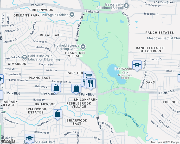 map of restaurants, bars, coffee shops, grocery stores, and more near 3421 Laurel Lane in Plano