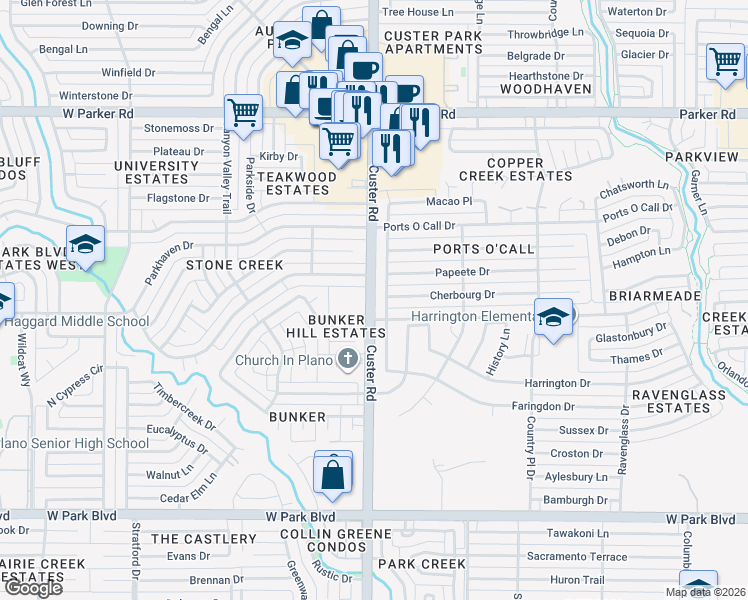 map of restaurants, bars, coffee shops, grocery stores, and more near 2626 Custer Road in Plano