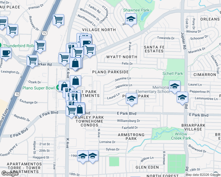 map of restaurants, bars, coffee shops, grocery stores, and more near 1508 Jasmine Lane in Plano