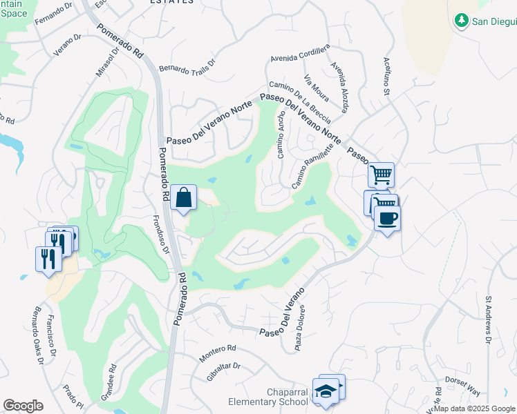map of restaurants, bars, coffee shops, grocery stores, and more near 12713 Rueda Acayan in San Diego