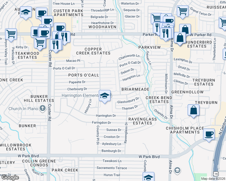 map of restaurants, bars, coffee shops, grocery stores, and more near 1512 Cherbourg Drive in Plano