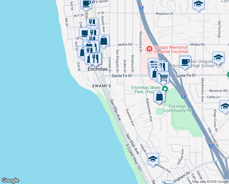 map of restaurants, bars, coffee shops, grocery stores, and more near 1301 Cornish Drive in Encinitas