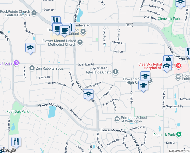 map of restaurants, bars, coffee shops, grocery stores, and more near 4001 Amador Court in Flower Mound