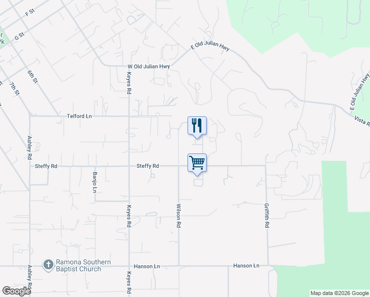 map of restaurants, bars, coffee shops, grocery stores, and more near 1346 Wilson Rd in Ramona