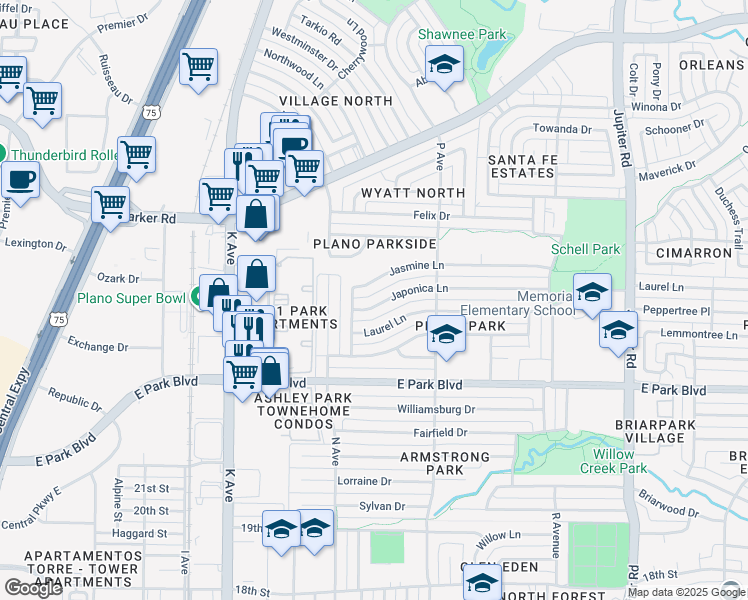 map of restaurants, bars, coffee shops, grocery stores, and more near 1508 Jasmine Lane in Plano