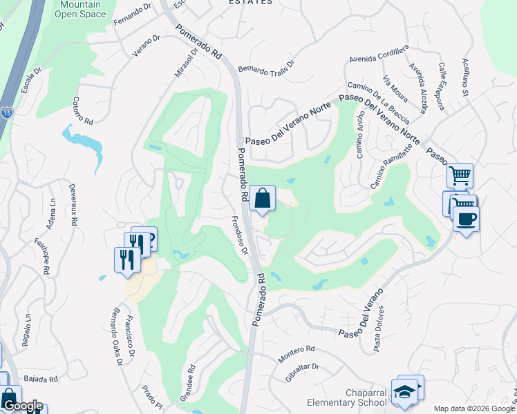 map of restaurants, bars, coffee shops, grocery stores, and more near 17663 Frondoso Drive in San Diego