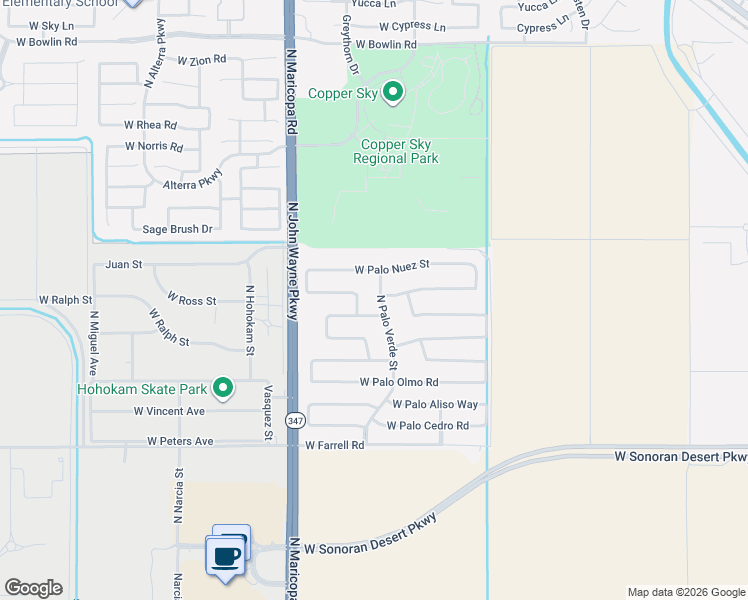 map of restaurants, bars, coffee shops, grocery stores, and more near 44308 West Palo Amarillo Road in Maricopa