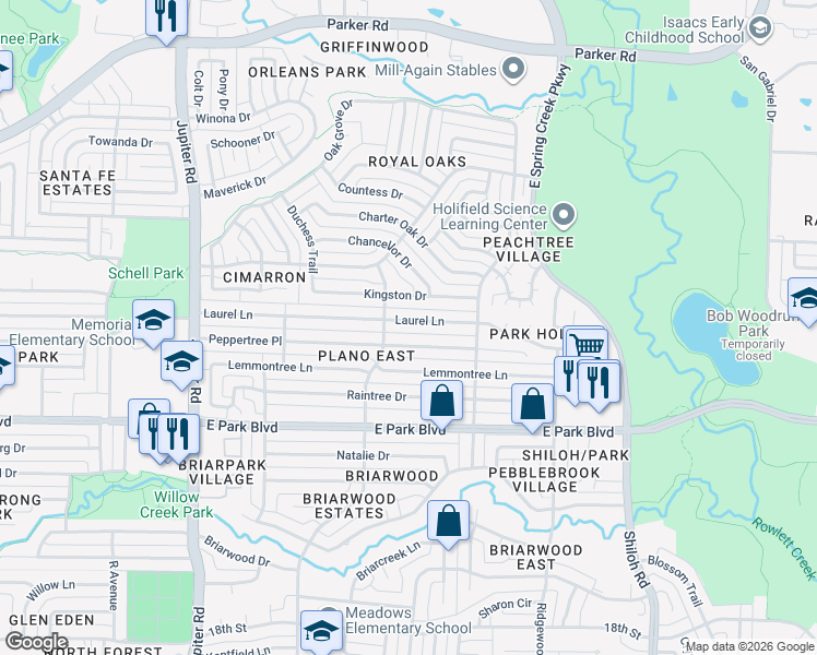 map of restaurants, bars, coffee shops, grocery stores, and more near 2906 Laurel Lane in Plano
