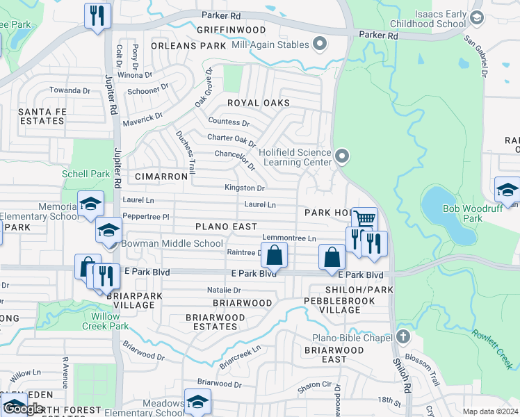 map of restaurants, bars, coffee shops, grocery stores, and more near 3000 Laurel Lane in Plano