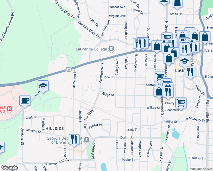 map of restaurants, bars, coffee shops, grocery stores, and more near 301 Forrest Avenue in LaGrange