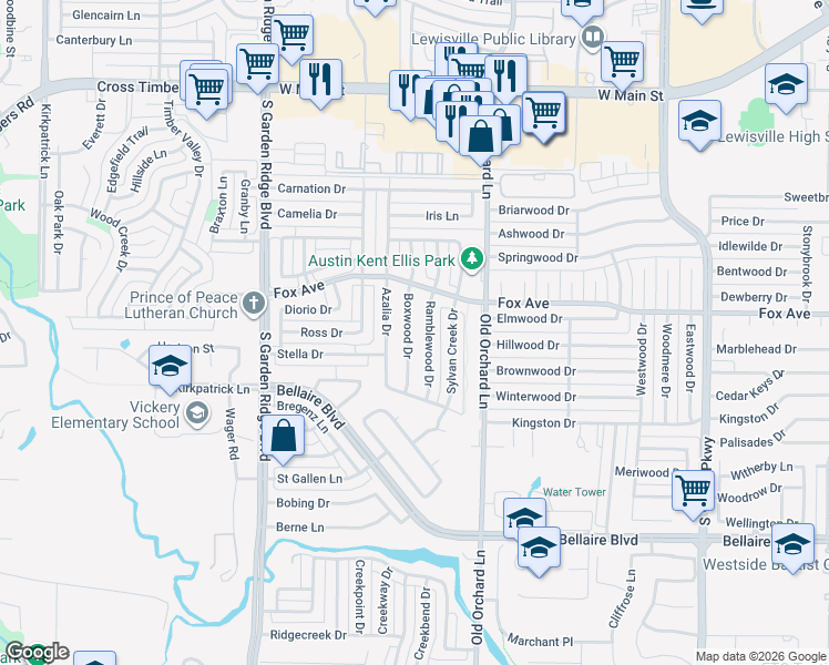 map of restaurants, bars, coffee shops, grocery stores, and more near 923 Boxwood Drive in Lewisville