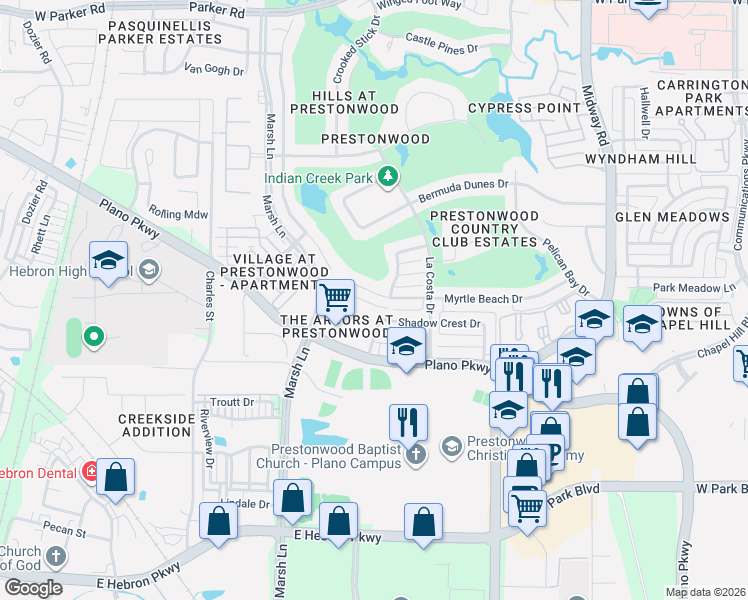 map of restaurants, bars, coffee shops, grocery stores, and more near 6828 Myrtle Beach Drive in Plano
