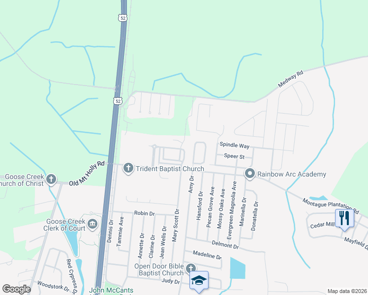 map of restaurants, bars, coffee shops, grocery stores, and more near 236 Swallowtail Lane in Goose Creek