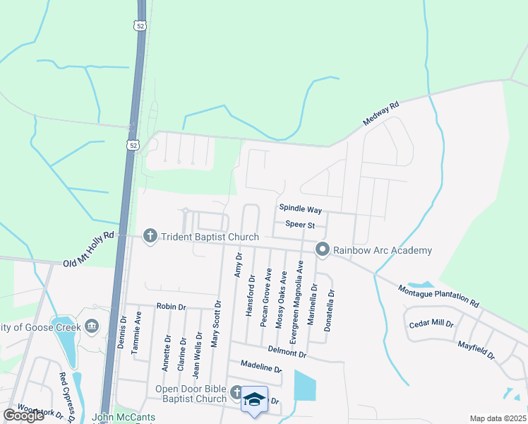map of restaurants, bars, coffee shops, grocery stores, and more near 106 Spindle Way in Goose Creek
