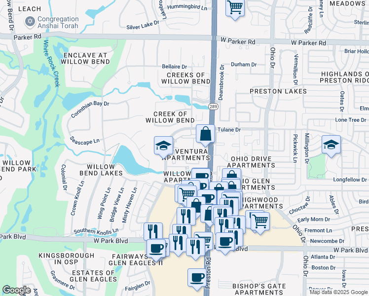 map of restaurants, bars, coffee shops, grocery stores, and more near 2600 Ventura Drive in Plano