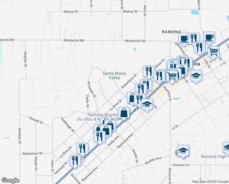 map of restaurants, bars, coffee shops, grocery stores, and more near 2031 Robertson Street in Ramona