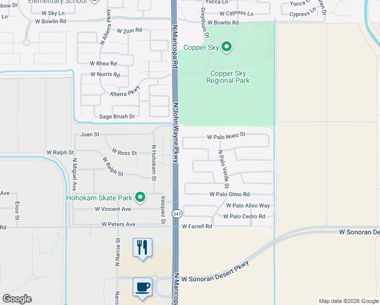 map of restaurants, bars, coffee shops, grocery stores, and more near 44607 West Palo Amarillo Road in Maricopa