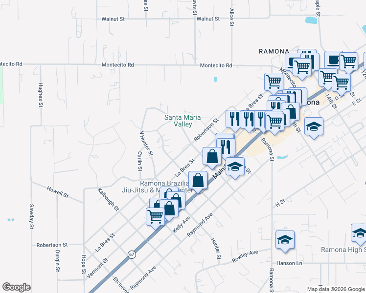 map of restaurants, bars, coffee shops, grocery stores, and more near 2031 Robertson Street in Ramona