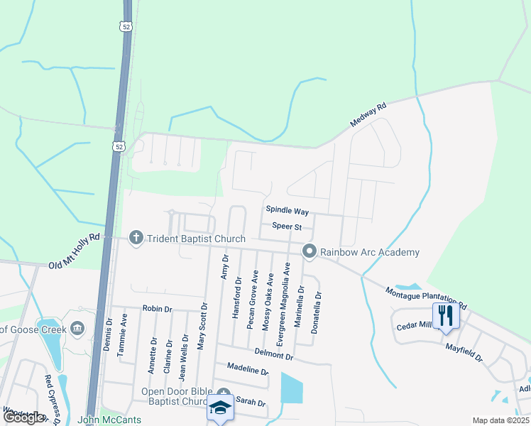 map of restaurants, bars, coffee shops, grocery stores, and more near 106 Spindle Way in Goose Creek