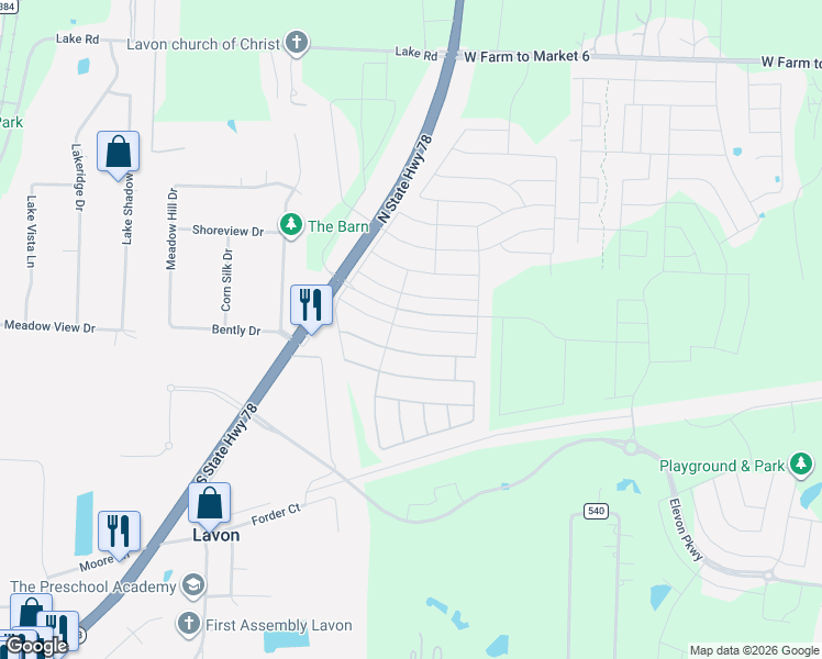 map of restaurants, bars, coffee shops, grocery stores, and more near 359 Community Drive in Lavon