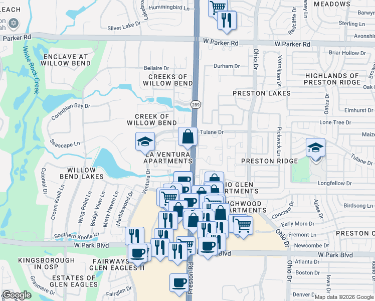 map of restaurants, bars, coffee shops, grocery stores, and more near 2601 Preston Road in Plano
