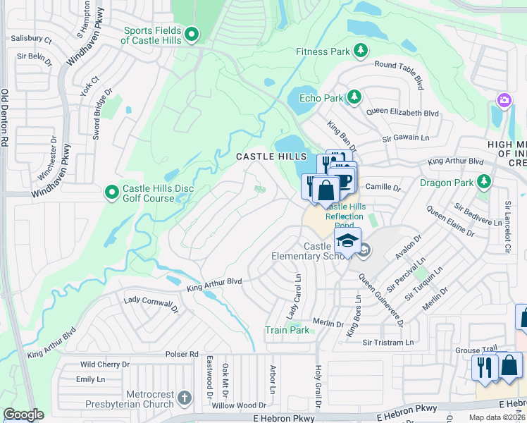map of restaurants, bars, coffee shops, grocery stores, and more near 1012 Queen Igraine Drive in Lewisville