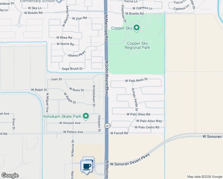 map of restaurants, bars, coffee shops, grocery stores, and more near 44607 West Palo Amarillo Road in Maricopa