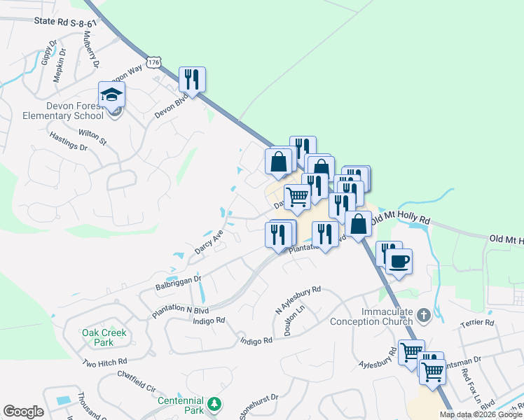 map of restaurants, bars, coffee shops, grocery stores, and more near 129 Brockman Way in Goose Creek