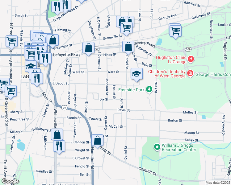 map of restaurants, bars, coffee shops, grocery stores, and more near 111 Locust Street in LaGrange