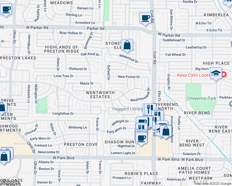 map of restaurants, bars, coffee shops, grocery stores, and more near 2712 Donnington Drive in Plano
