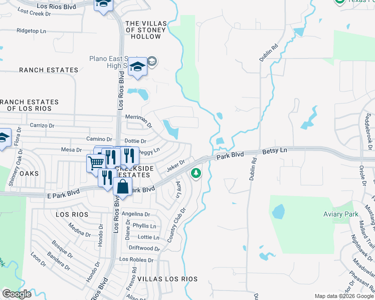 map of restaurants, bars, coffee shops, grocery stores, and more near 4345 Jeker Drive in Plano