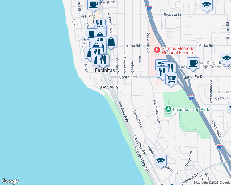 map of restaurants, bars, coffee shops, grocery stores, and more near 1371 South San Elijo Avenue in Encinitas