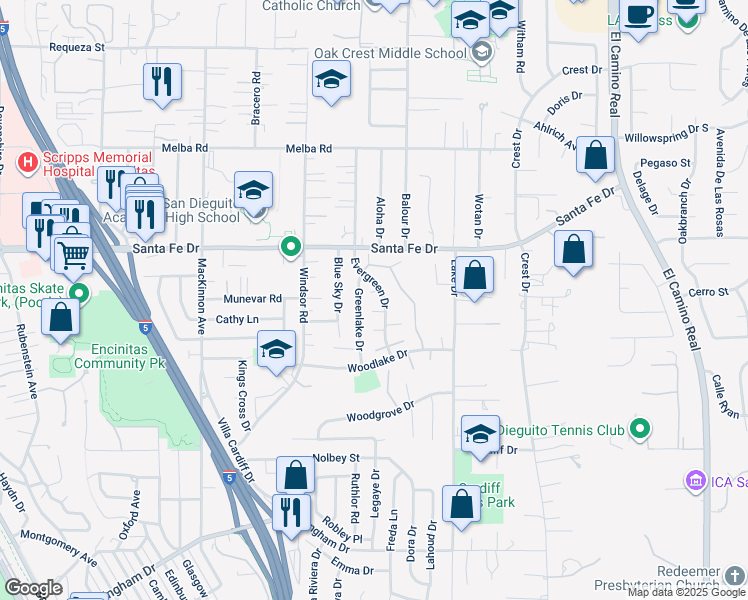 map of restaurants, bars, coffee shops, grocery stores, and more near 1246 Evergreen Drive in Encinitas