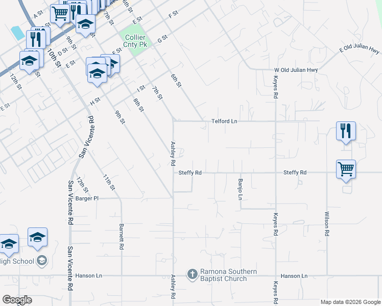 map of restaurants, bars, coffee shops, grocery stores, and more near 803 Steffy Road in Ramona