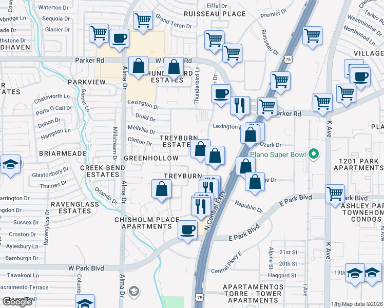 map of restaurants, bars, coffee shops, grocery stores, and more near 2601 Cheshire Drive in Plano