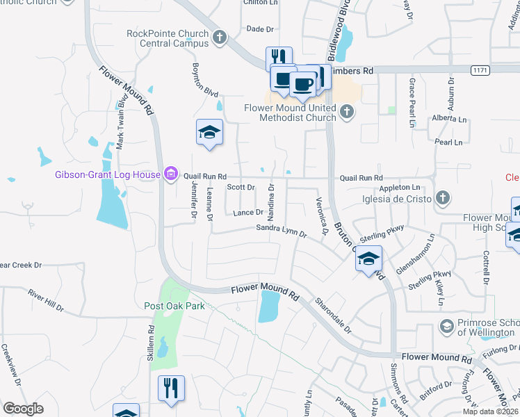 map of restaurants, bars, coffee shops, grocery stores, and more near 3605 Timothy Drive in Flower Mound